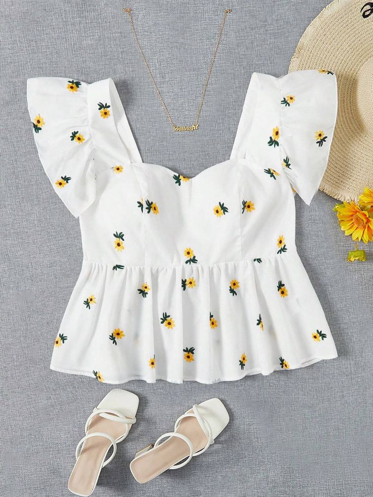 SUNFLOWER EMBROIDERY PUFF SLEEVE TOP