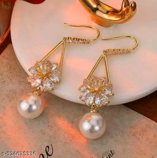 Blingee White Pearls Adstone Drop Flower Earrings