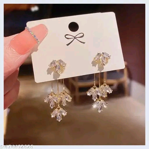 Vassaley Korean Studded Leaves Tassels Shiny Drop Earrings