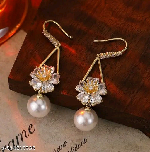 Blingee White Pearls Adstone Drop Flower Earrings