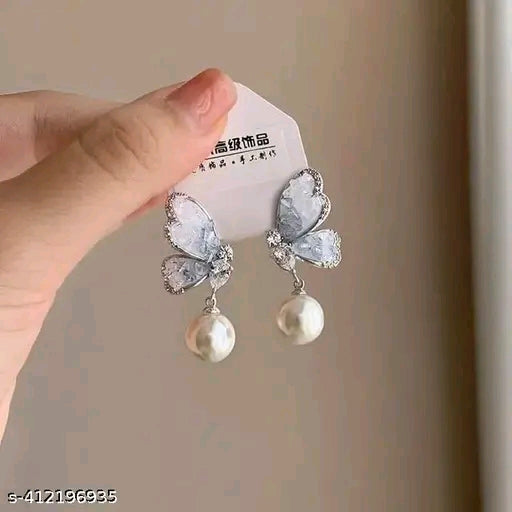 Butterfly Wing Grey Colour Pearl Drop Earrings