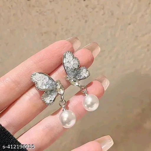 Butterfly Wing Grey Colour Pearl Drop Earrings