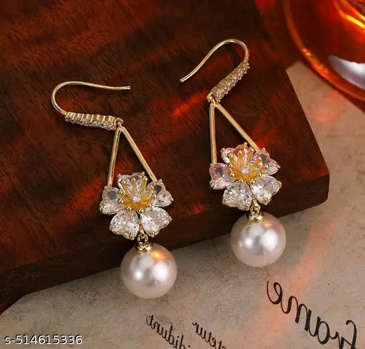 Blingee White Pearls Adstone Drop Flower Earrings