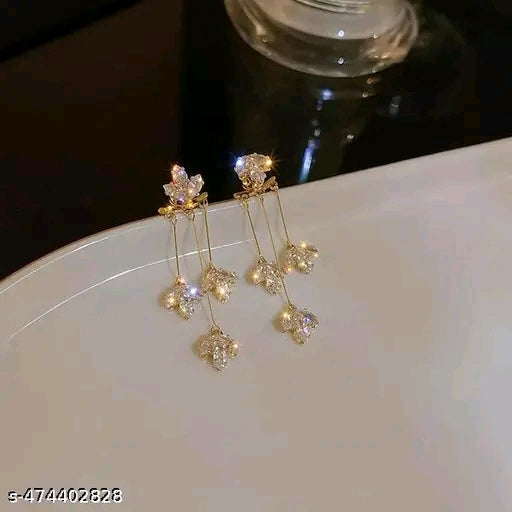 Vassaley Korean Studded Leaves Tassels Shiny Drop Earrings